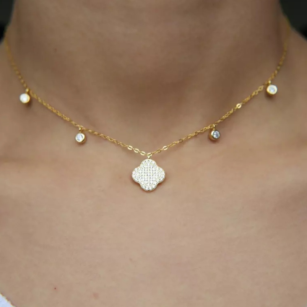 Pave Cz Crystal Gold Clover Choker Necklace